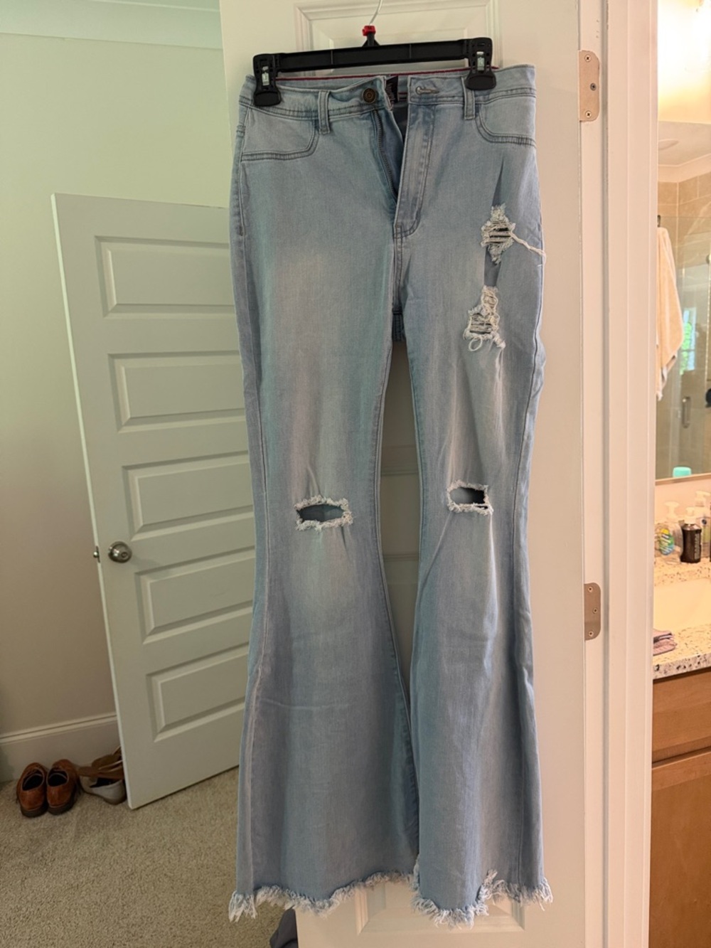 Light Wash Distressed Flare Jeans - Wide Leg